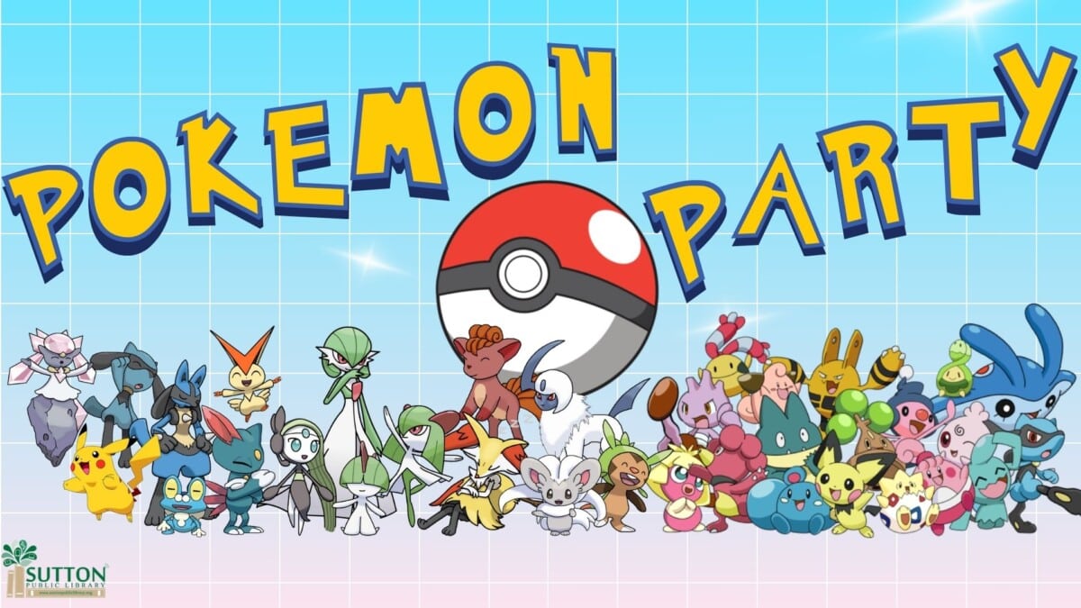 A group of colorful Pokémon characters stand in front of a large Poké Ball with the words "Pokémon Party" in bold letters above them on a blue grid background.
