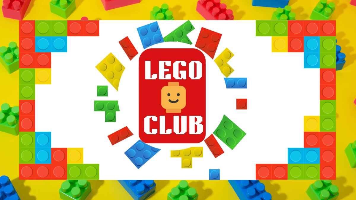 A white sign reading "LEGO CLUB" with a yellow Lego head is surrounded by colorful Lego bricks on a yellow background.
