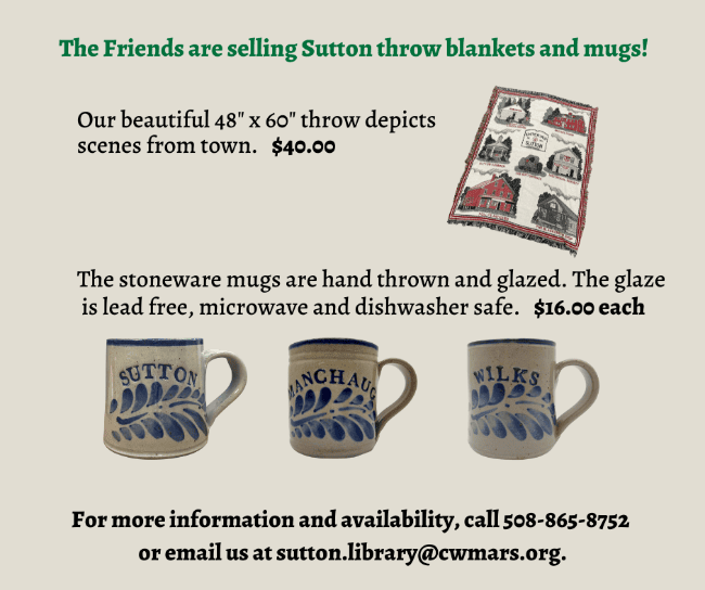 Flyer advertising Sutton-themed 48"x60" throw blankets and hand-thrown stoneware mugs for sale, with images of the products and contact information for purchase.