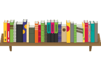 A wooden bookshelf holds a row of variously colored and sized books arranged upright side by side.