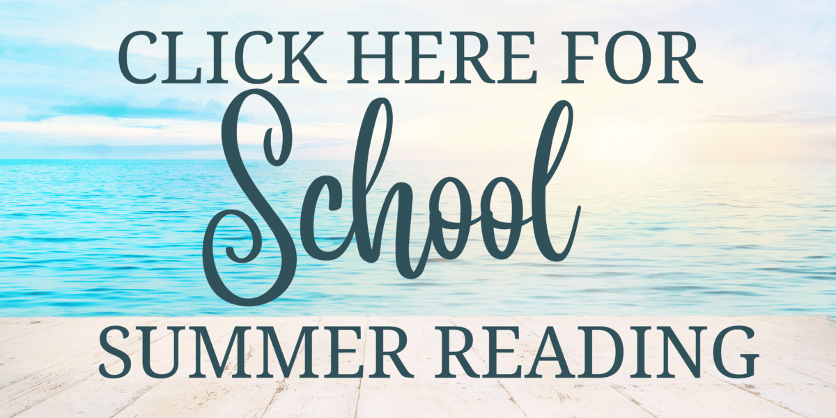 Text reads "Click here for school summer reading" over an ocean and sky background with a wooden pier in the foreground.