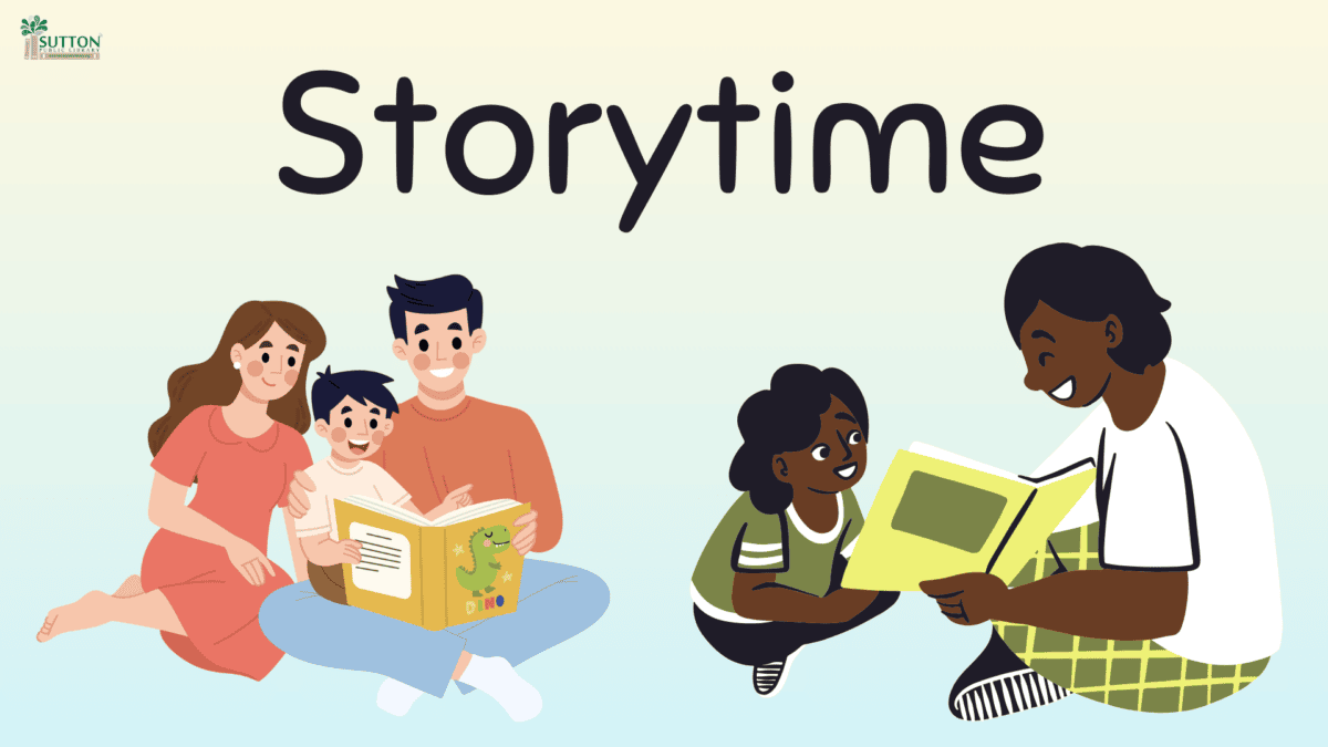Illustration of a family reading a book together and two children reading, with the large text "Storytime" at the top.
