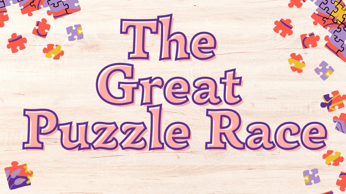 Text "The Great Puzzle Race" in large purple and pink letters on a light wood background, surrounded by scattered colorful puzzle pieces.