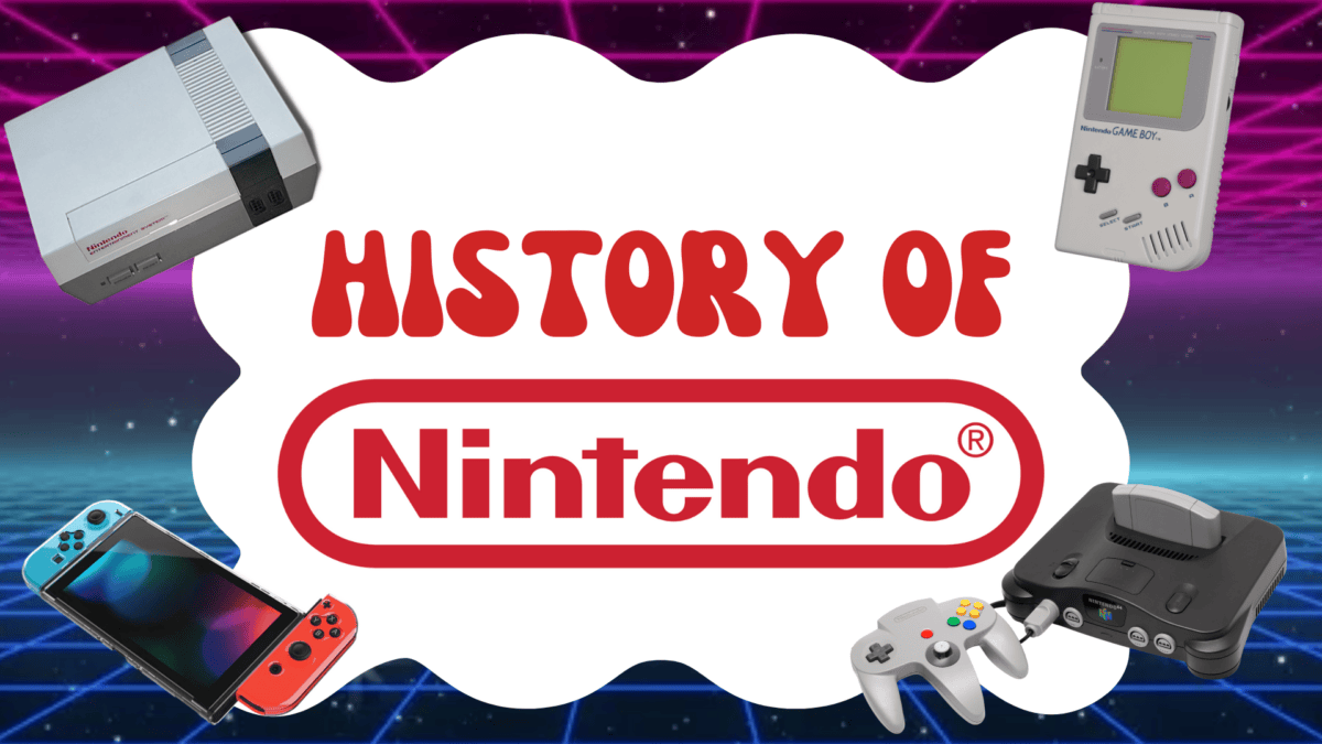 A graphic with "History of Nintendo" text, featuring images of Nintendo consoles: NES, Game Boy, Nintendo 64, and Nintendo Switch against a retro background.