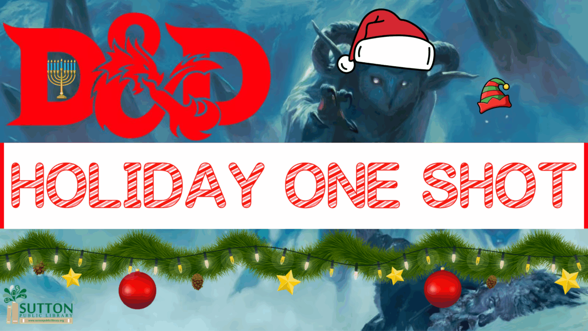 Graphic for a Dungeons and Dragons holiday event featuring a festive design with a character wearing a Santa hat.