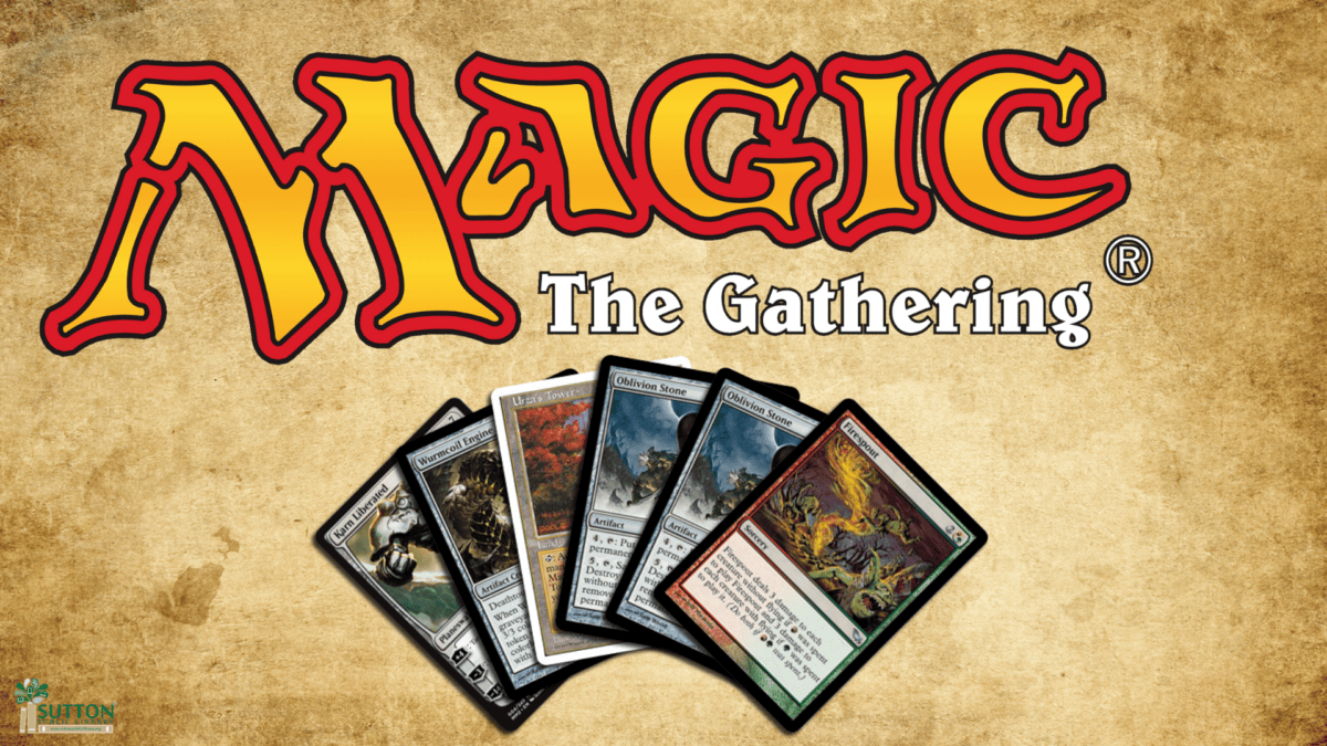 The Magic: The Gathering logo appears above six fanned out playing cards on a textured brown background.