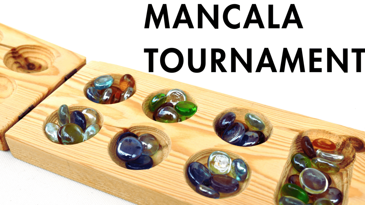 A wooden Mancala board with glass playing pieces is shown, accompanied by the text "Mancala Tournament" in bold black letters.