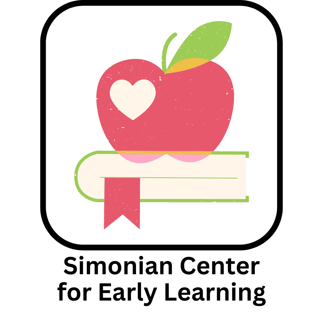 Logo featuring an apple with a heart, resting on a book with a bookmark, above the text "Simonian Center for Early Learning.