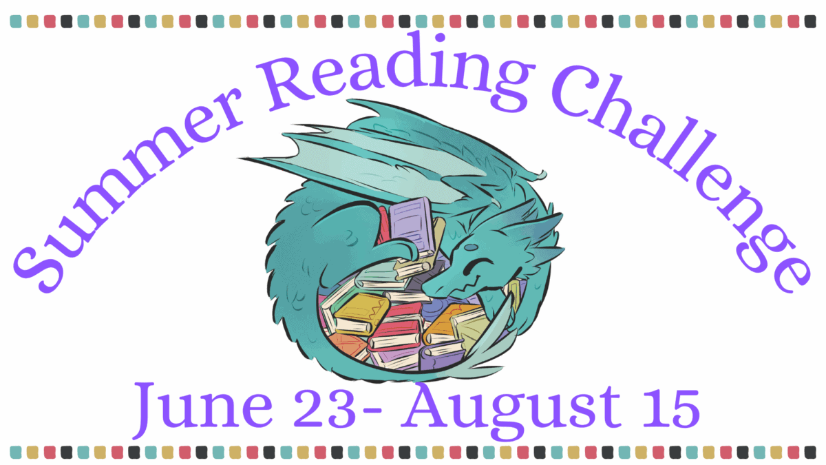 illustration of a blue dragon curled around a pile of books with text reading "summer reading challenge, june 23–august 15.