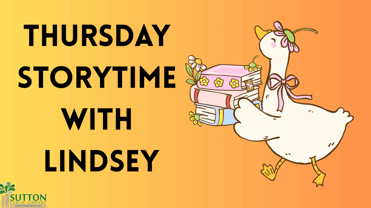Illustration of a cartoon duck carrying books and a decorative box with flowers, promoting Thursday storytime event.