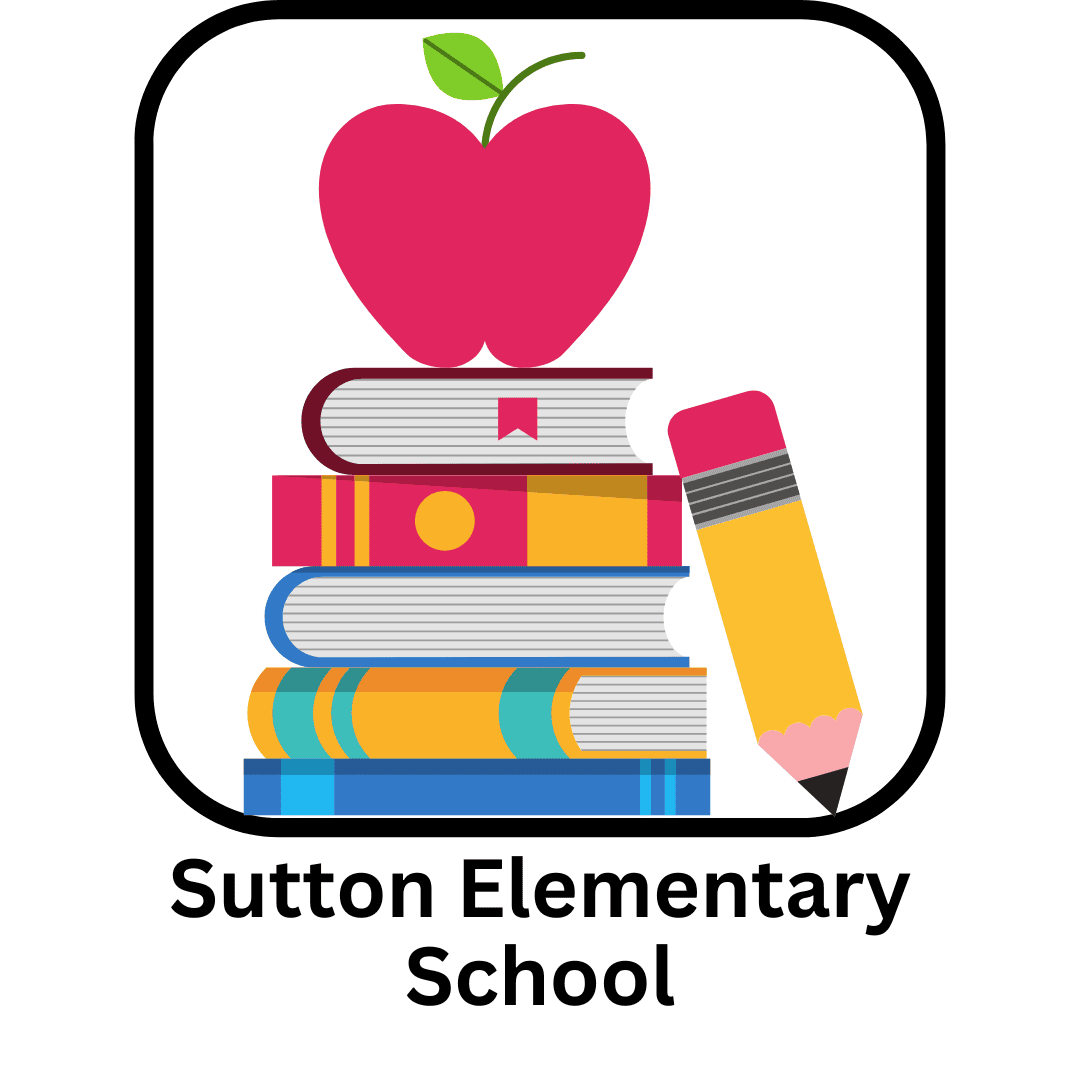 A red apple, four stacked books, and a pencil are inside a rounded square above the text "Sutton Elementary School.