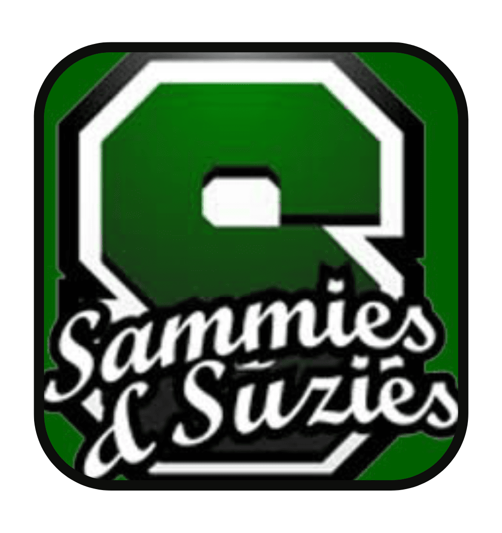Green and white logo with a large letter "S" in the background and "Sammies & Suzies" written in stylized text across the front.