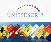 UnitedScrip logo above a row of assorted colorful gift cards arranged in a fan shape.