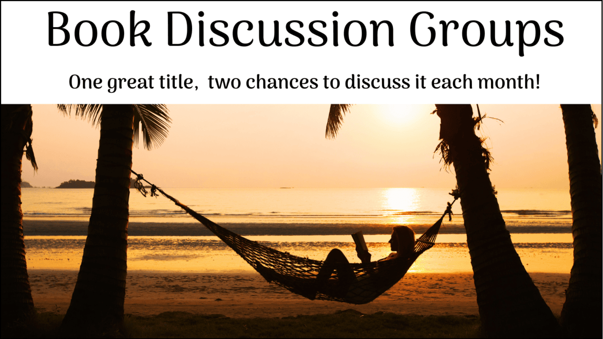 Silhouette of a person reading in a hammock between palm trees at sunset, with text about book discussion groups and meeting opportunities.