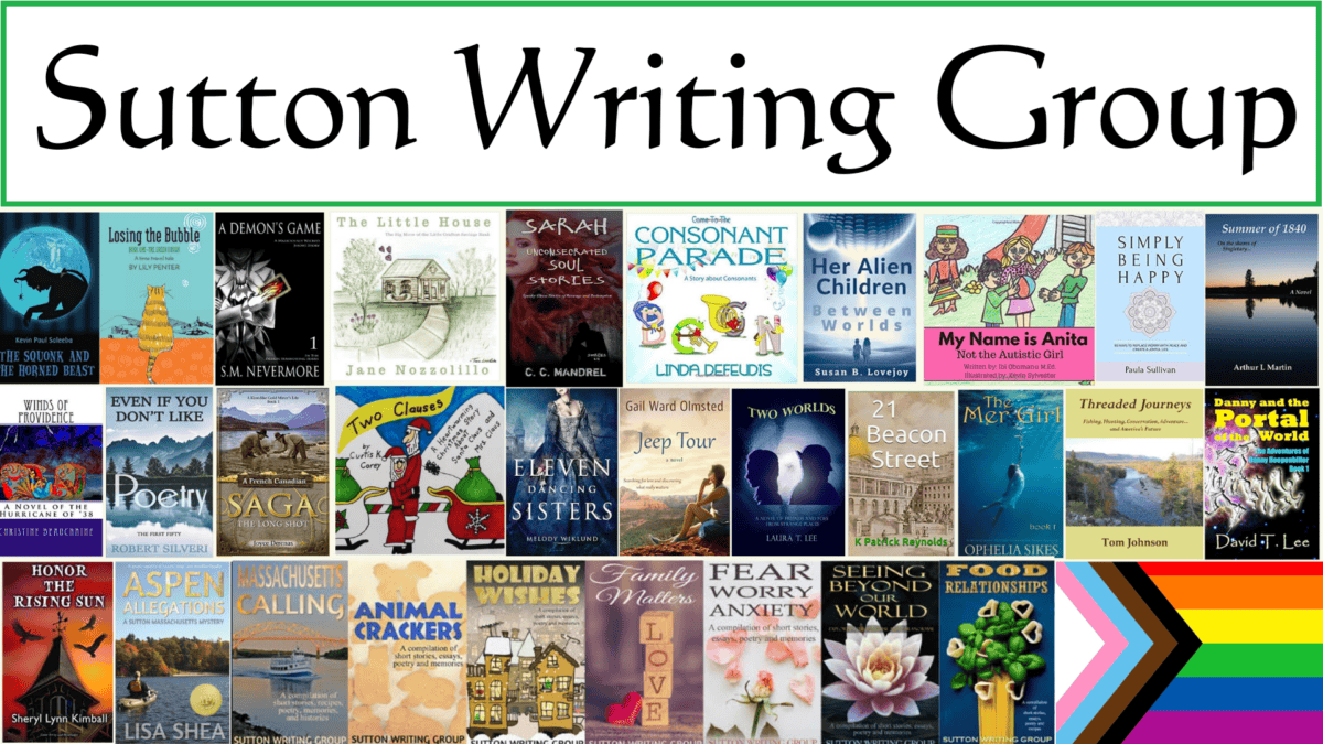 Banner for Sutton Writing Group with a collage of various book covers and a Progress Pride flag in the bottom right corner.